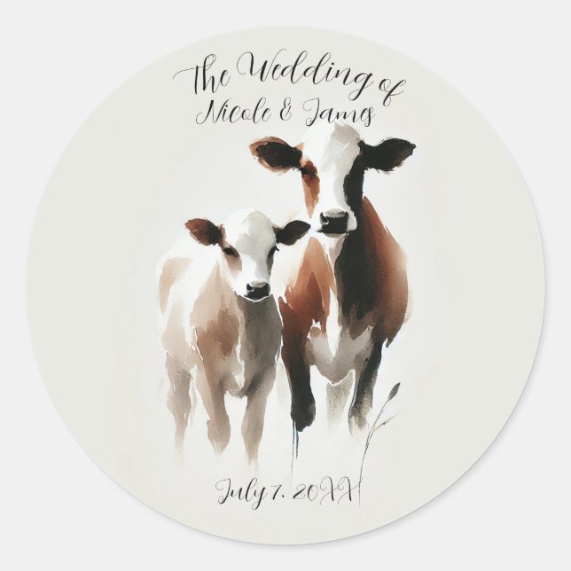 Sticker Rond Aquarelle Vaches Mariage Minimal Rustique (Devant)