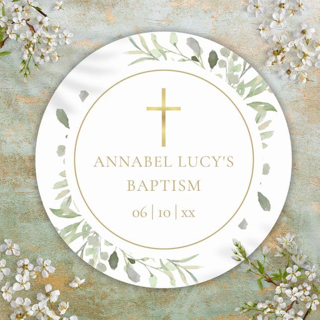 Sticker Rond Aquarelle Verdure Baptême Christening (Watercolor Greenery Baptism Christening Classic Round Sticker)