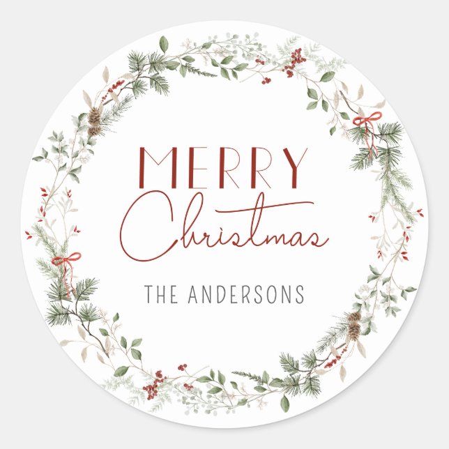 Sticker Rond Aquarelle Verdure Berries Joyeux Noël Wreath (Devant)
