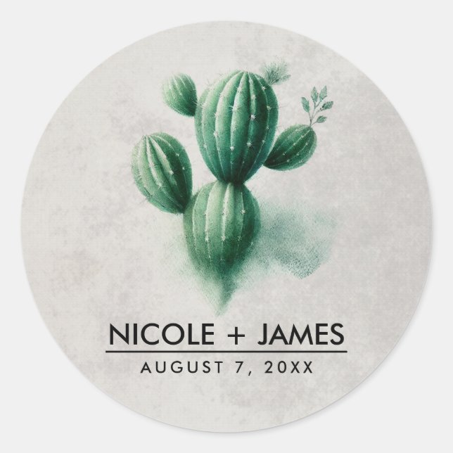 Sticker Rond Aquarelle Vert Cactus Gris Sud-Ouest Mariage (Devant)