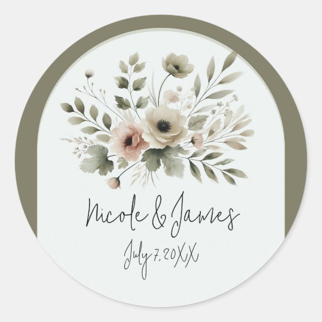 Sticker Rond Aquarelle vert d'olive kaki Mariage de fleurs (Devant)