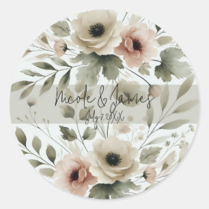 Sticker Rond Aquarelle vert d'olive kaki Mariage de fleurs