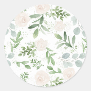 Sticker Rond Aquarelle vert et fleurs blanches Motif
