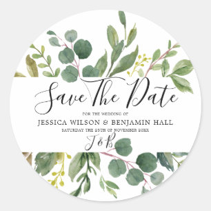 Sticker Rond Aquarelle Vert Mariage Feuille Enregistrer La Date