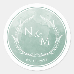 Sticker Rond Aquarelle vert pâle Monogramme Enveloppe Sceau/Fav