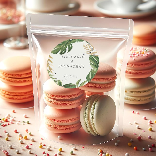 Sticker Rond Aquarelle verte et or Mariage tropical (Green & Gold Watercolor Tropical Wedding Classic Round Sticker)