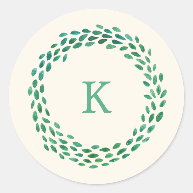 Sticker Rond Aquarelle verte Monogramme Iivoire de couronne de  (Devant)