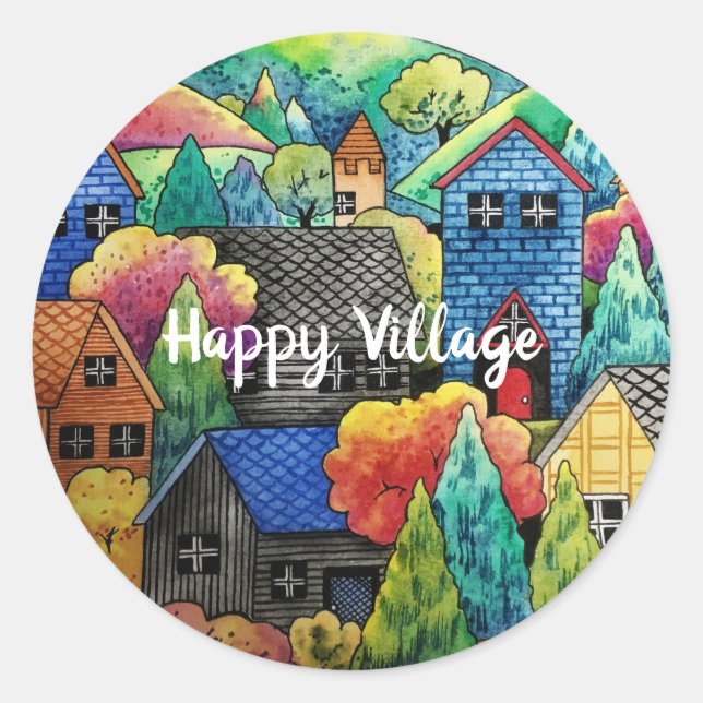 Sticker Rond Aquarelle Village Sur La Colline Avec Maisons Colo (Devant)