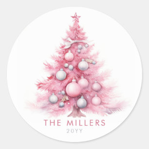 Sticker Rond Aquarelle Vintage Pink sapin de Noël moderne