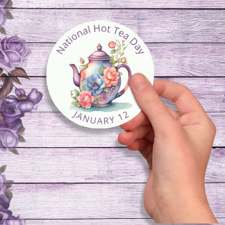 Sticker Rond Aquarelle vintage théière Florale Thé chaud nation