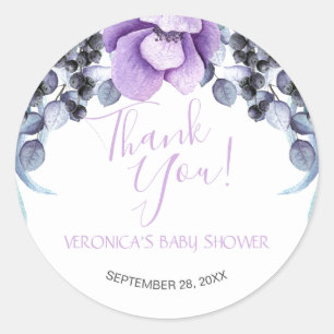 Sticker Rond Aquarelle violet Baby shower Floral Merci