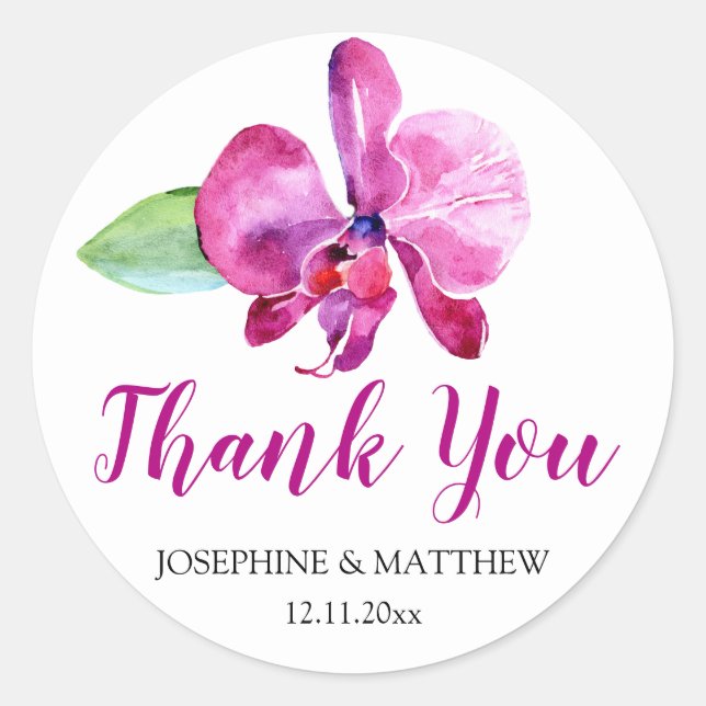 Sticker Rond Aquarelle violet orchidée Floral Mariage Merci (Devant)