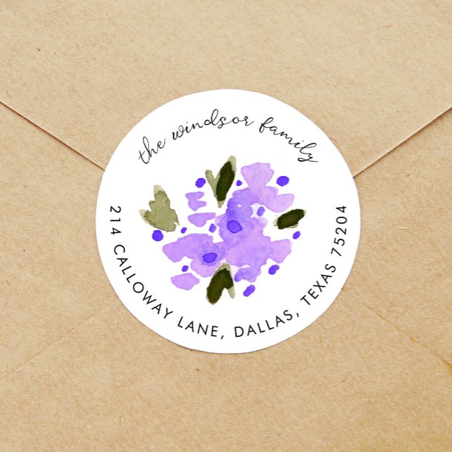 Sticker Rond Aquarelle violette Bouquet Floral Adresse de retou (Purple floral bouquet return address label round sticker.)