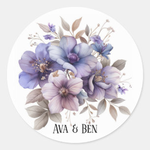 Sticker Rond Aquarelle violette et bleu Mariage floral