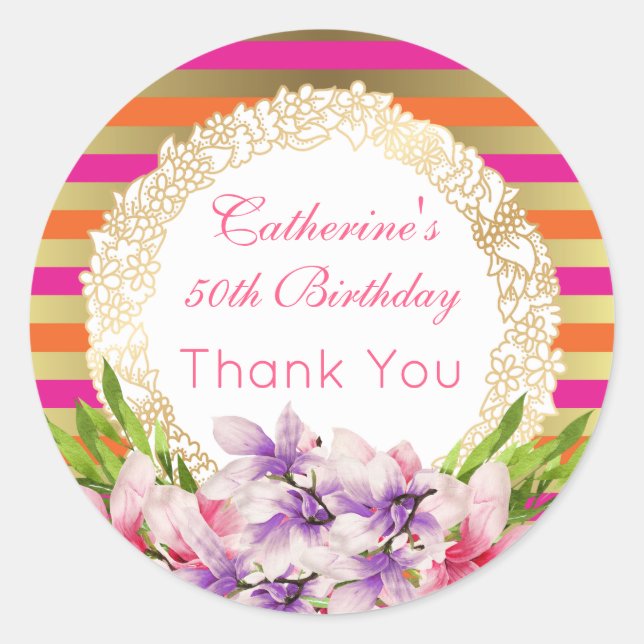 Sticker Rond Aquarelle violette et rose Magnolia Anniversaire (Devant)
