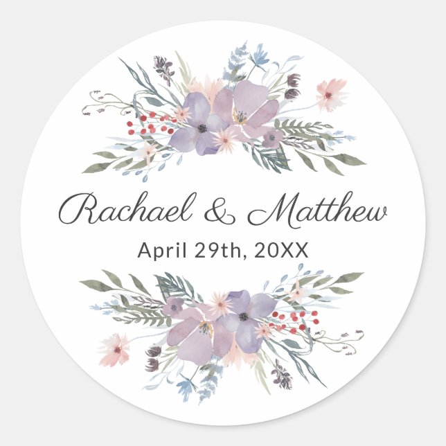 Sticker Rond Aquarelle violette Floral Mariage Faveur (Devant)