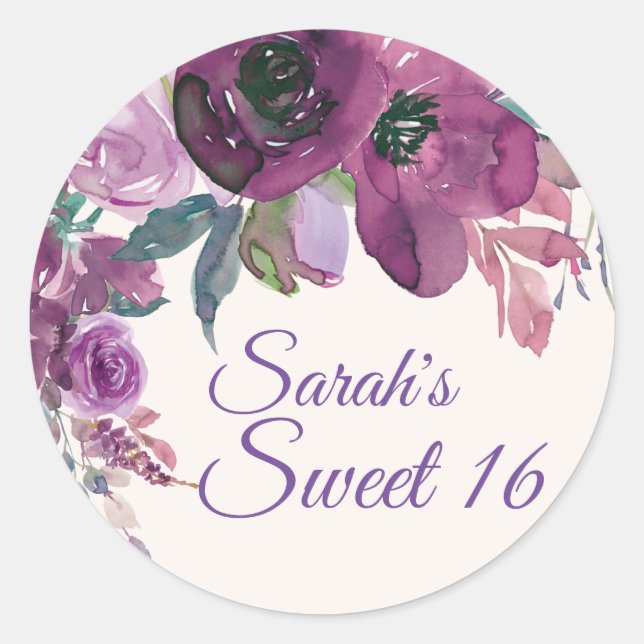 Sticker Rond Aquarelle violette Floral Sweet 16 Anniversaire (Devant)