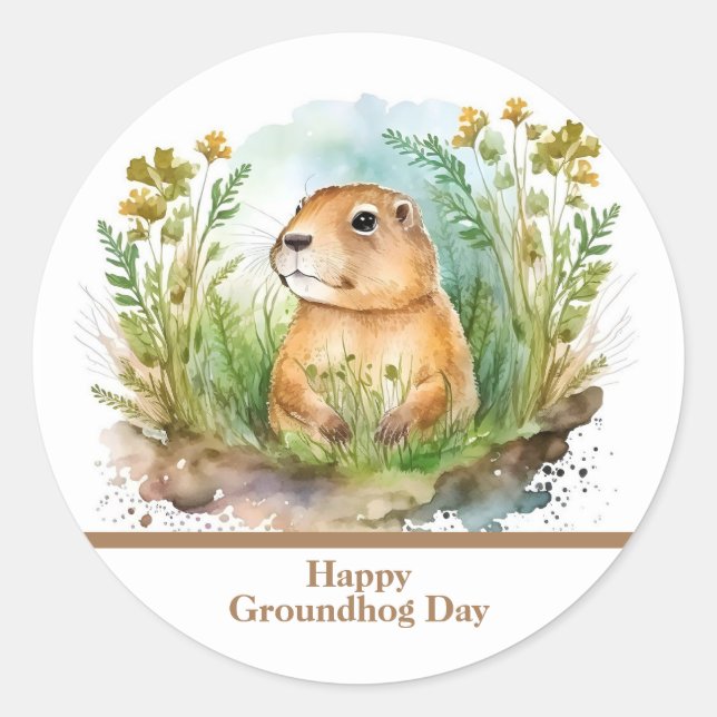 Sticker Rond Aquarelle Whimsical Joyeux Jour de la marmotte (Devant)