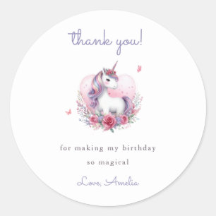 Sticker Rond Aquarelle Whimsical Unicorn Merci violet