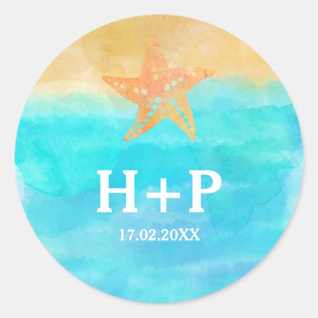 Sticker Rond Aquarelles Initiales Mariage Starfish (Devant)