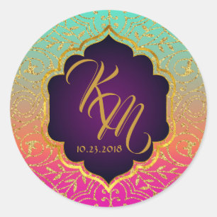 Sticker Rond Arabian Nights Bollywood Monogram Mariage Étiquett