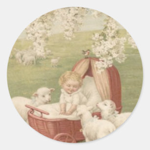 Sticker Rond Arbre Cornouiller Champ Chien Agneau Bébé