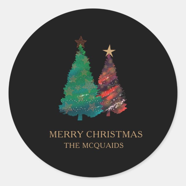 Sticker Rond Arbre de Noël à l'aquarelle brillante (Devant)
