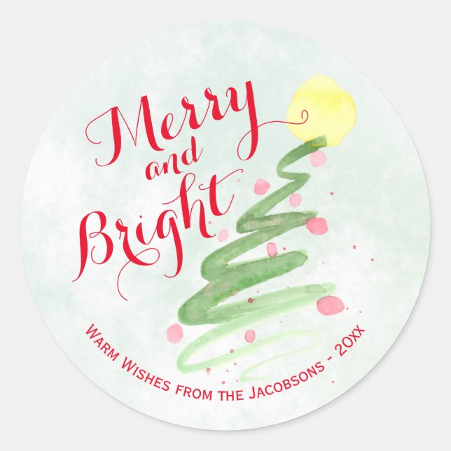 Sticker Rond Arbre de Noël abstrait aquarelle Merry & Bright (Devant)