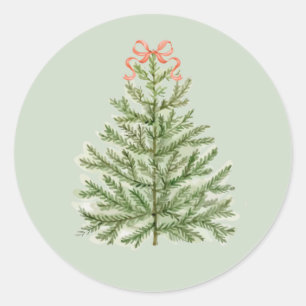 Sticker Rond Arbre de Noël aquarelle avec Bow rouge