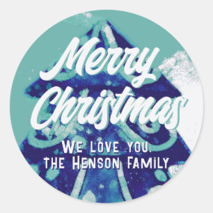 Sticker Rond Arbre de Noël Arbre Artistique Bleu Joyeux Script