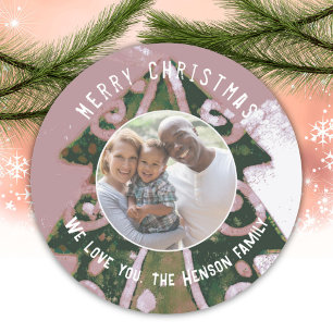 Sticker Rond Arbre de Noël Artiste Vert rose Photo de famille