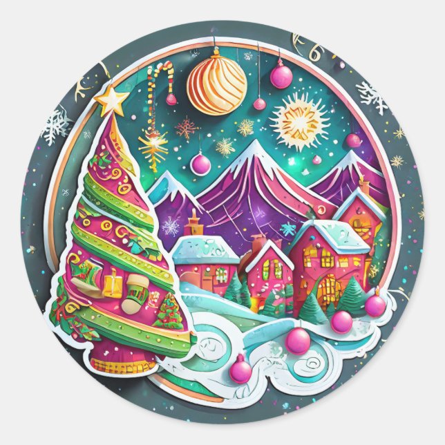 Sticker Rond Arbre de Noël avec village (Devant)