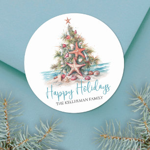 Sticker Rond Arbre de Noël de plage Joyeuses Fêtes