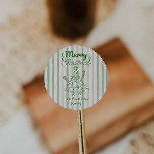 Sticker Rond Arbre de Noël drôle vert dessiné à la main Rétro
