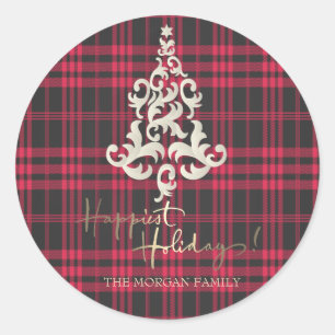 Sticker Rond Arbre de Noël en carreau de bœuf rouge Joyeux Noël