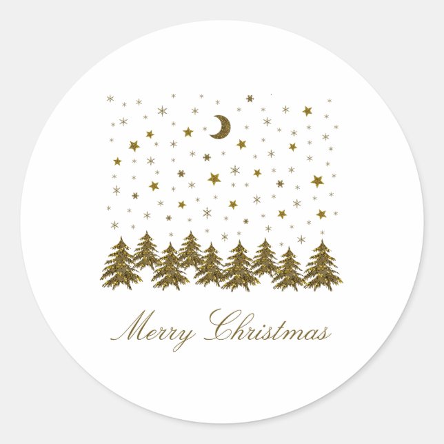 Sticker Rond Arbre de Noël en or brillant, lune, étoiles (Devant)