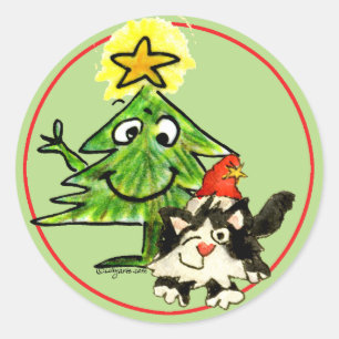 Sticker Rond Arbre de Noël et chat-chat