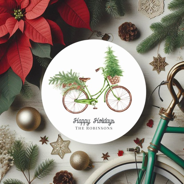 Sticker Rond Arbre de Noël et pins de vélo rétro pour les fêtes (Retro Bicycle Christmas Tree and Pines Holiday Classic Round Sticker)