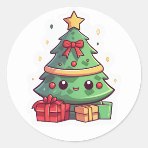 Sticker Rond Arbre de Noël Kawaii
