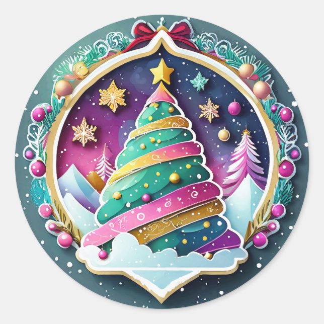 Sticker Rond Arbre de Noël magique (Devant)