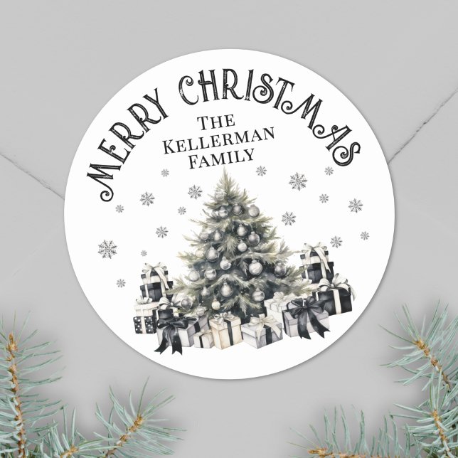 Sticker Rond Arbre de Noël noir blanc élégant (Black White Elegant Christmas Tree Classic Round Sticker)