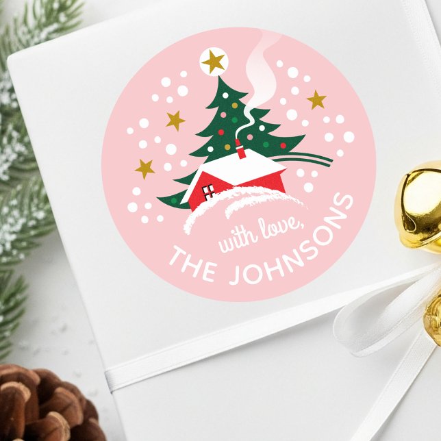 Sticker Rond Arbre de Noël Nom personnalisé Neige Vintage rose (Créateur téléchargé)