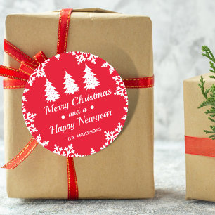 Sticker Rond Arbre de Noël Personnalisé Joyeux Noël Rouge