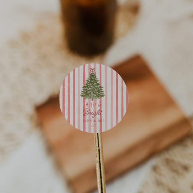 Sticker Rond Arbre de Noël Retro Merry & Bright Red Stripes (Créateur téléchargé)