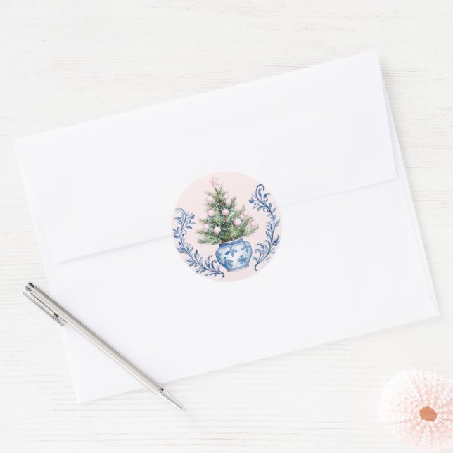 Sticker Rond Arbre de Noël rose et bleu Damas (Enveloppe)