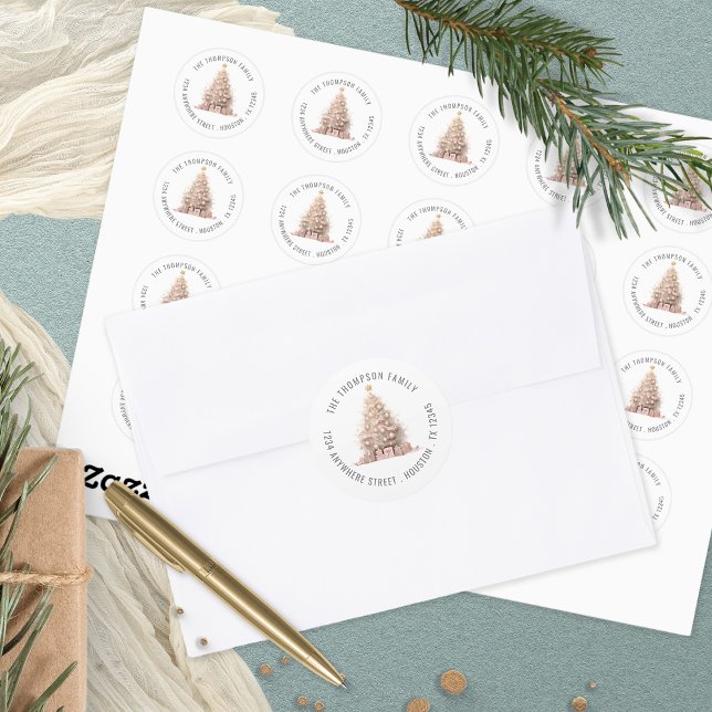 Sticker Rond Arbre de Noël rose pâle Nom de l'adresse (Créateur téléchargé)