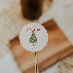Sticker Rond Arbre de Noël rouge vert rétro Aquarelle Vintage