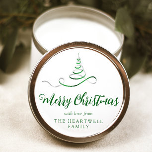 Sticker Rond Arbre de Noël Ruban Vert Argent Script Joyeux Noël