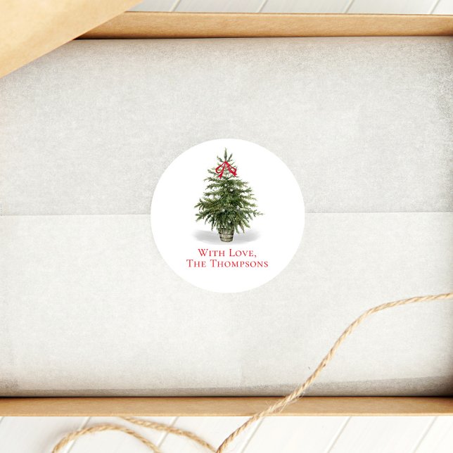 Sticker Rond Arbre de Noël simple personnalisé (Simple and elegant Christmas tree gift sticker. )