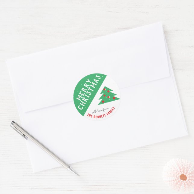 Sticker Rond Arbre de Noël Vert Famille Noël (Enveloppe)